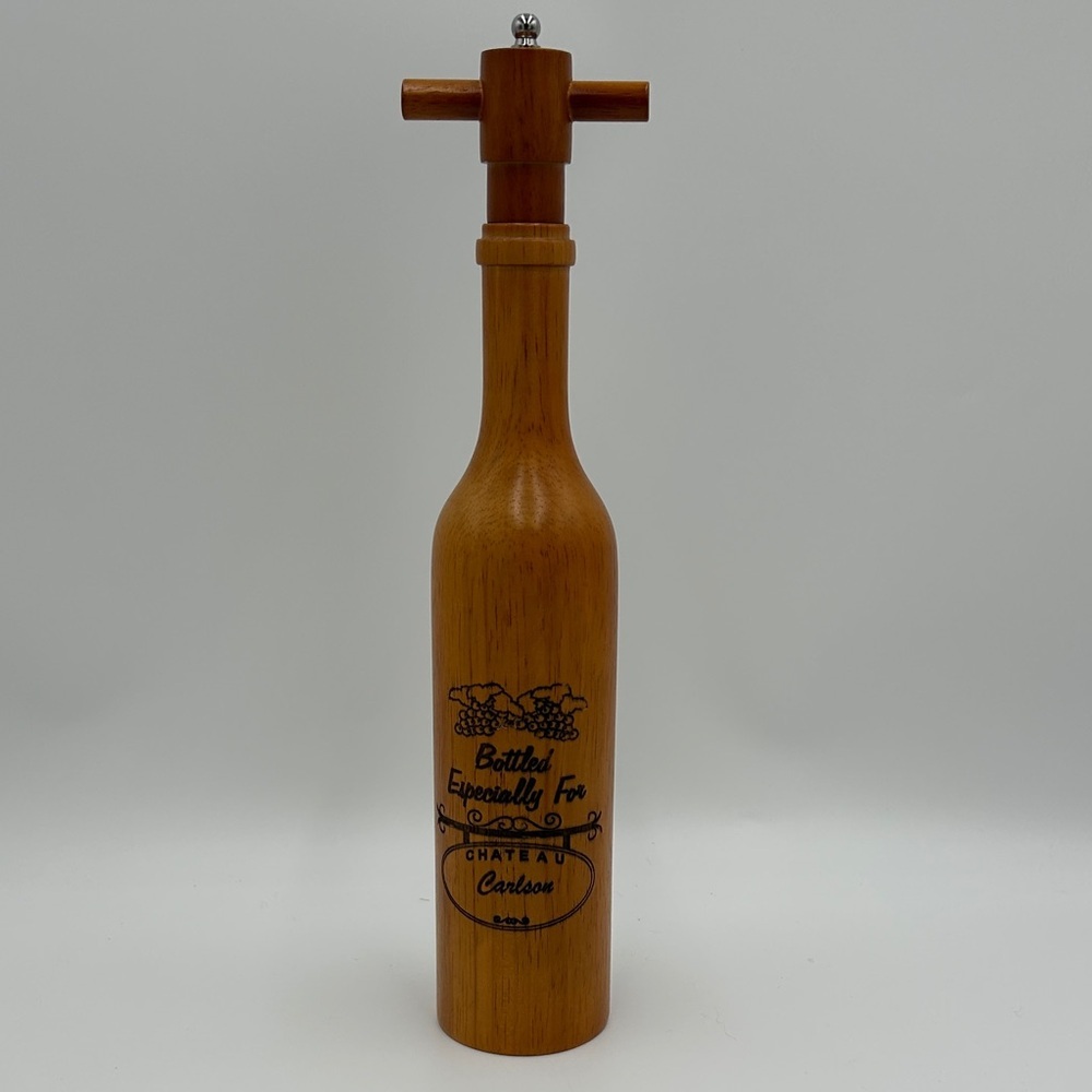 Chateau Carlson Wood Pepper Mill Grinder Vintage Brown Wine Bottle Shape 14 In